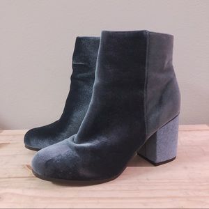 Blue Velvet Block Heel Booties